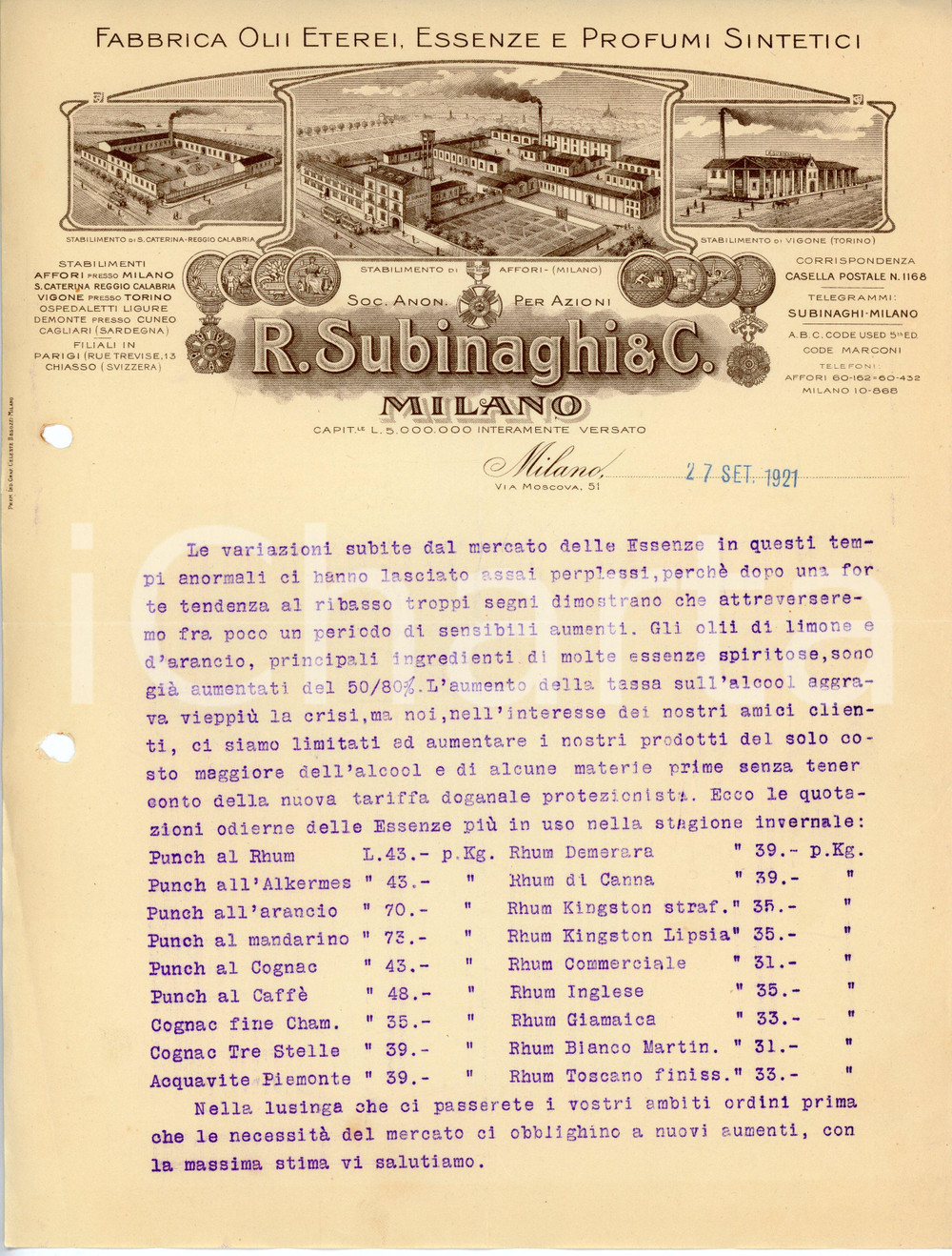Documento originale, autentico 1921 MILANO Fabbrica olii eterei R. SUBINAGHI Quotazioni essenze - Lettera 1