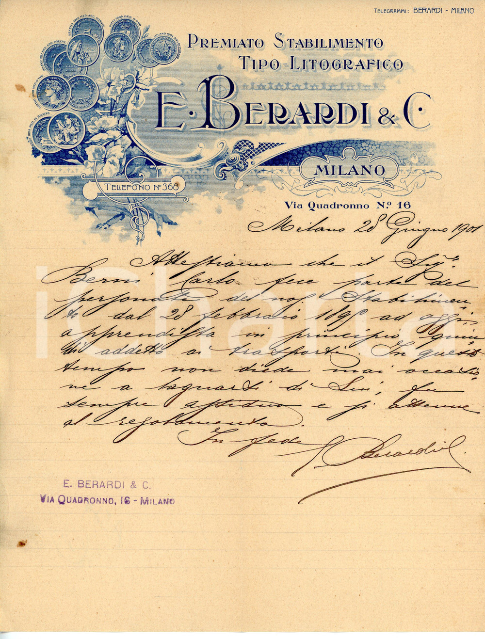 Documento originale, autentico 1901 MILANO Stabilimento tipo-litografico E. BERARDI Lettera commerciale 1