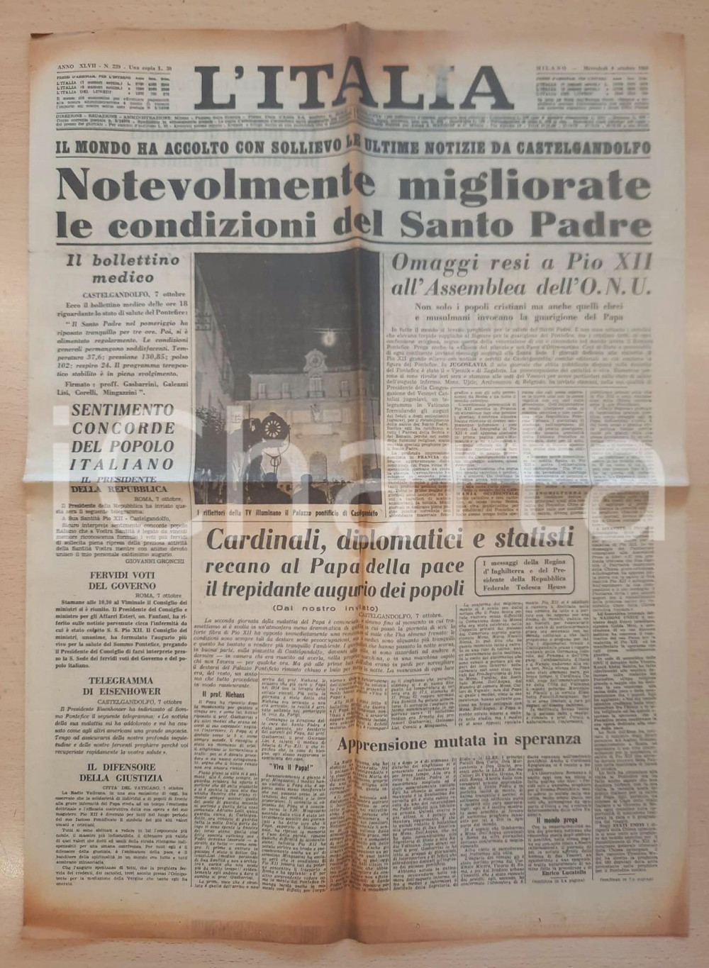 Giornale, rivista storica 8 Ottobre 1958 L'ITALIA Migliorate le condizioni di salute di Pio XII *Giornale 1
