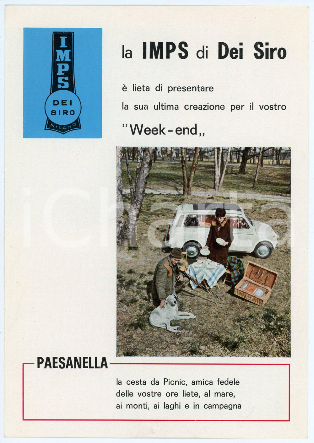 Materiale pubblicitario d’epoca 1960 ca MILANO - IMPS di Dei Siro - Cesta da picnic PAESANELLA Pieghevole 1
