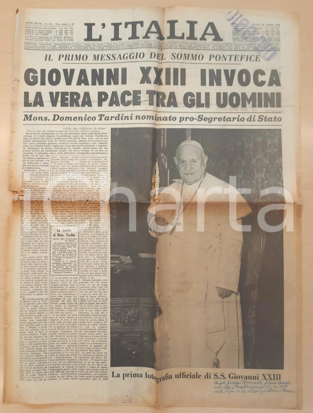 Giornale, rivista storica 1958 L'ITALIA Primo messaggio di papa Giovanni XXIII - Pace *DANNEGGIATO 1