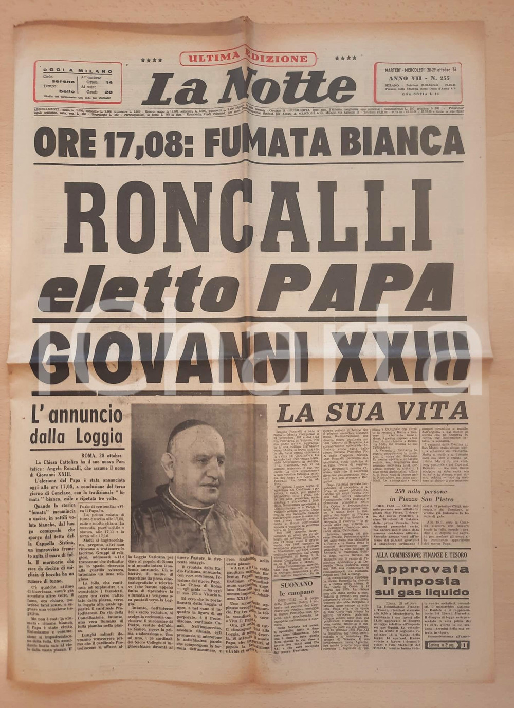 Giornale, rivista storica 1958 LA NOTTE  Angelo Roncalli eletto papa Giovanni XXIII *Giornale 1