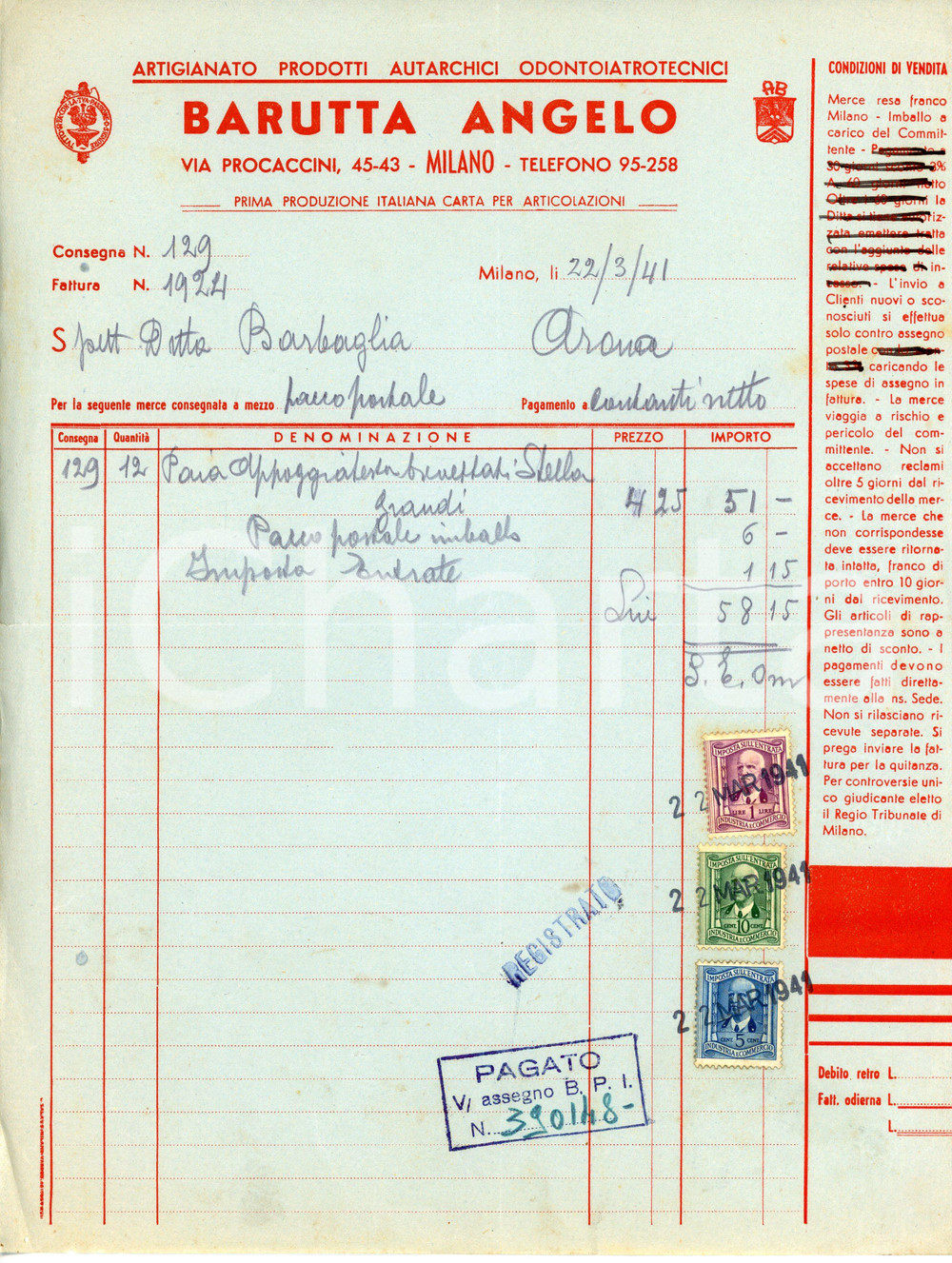 Documento originale, autentico 1941 MILANO DItta Angelo BARUTTA Prodotti autarchici odontoiatrotecnici *Fattura 1