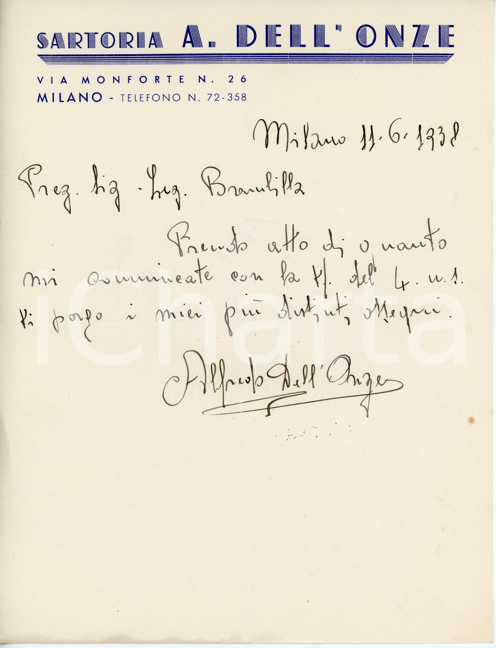 Documento originale, autentico 1938 MILANO Via Monforte 26 - Sartoria A. DELL'ONZE Lettera commerciale 1