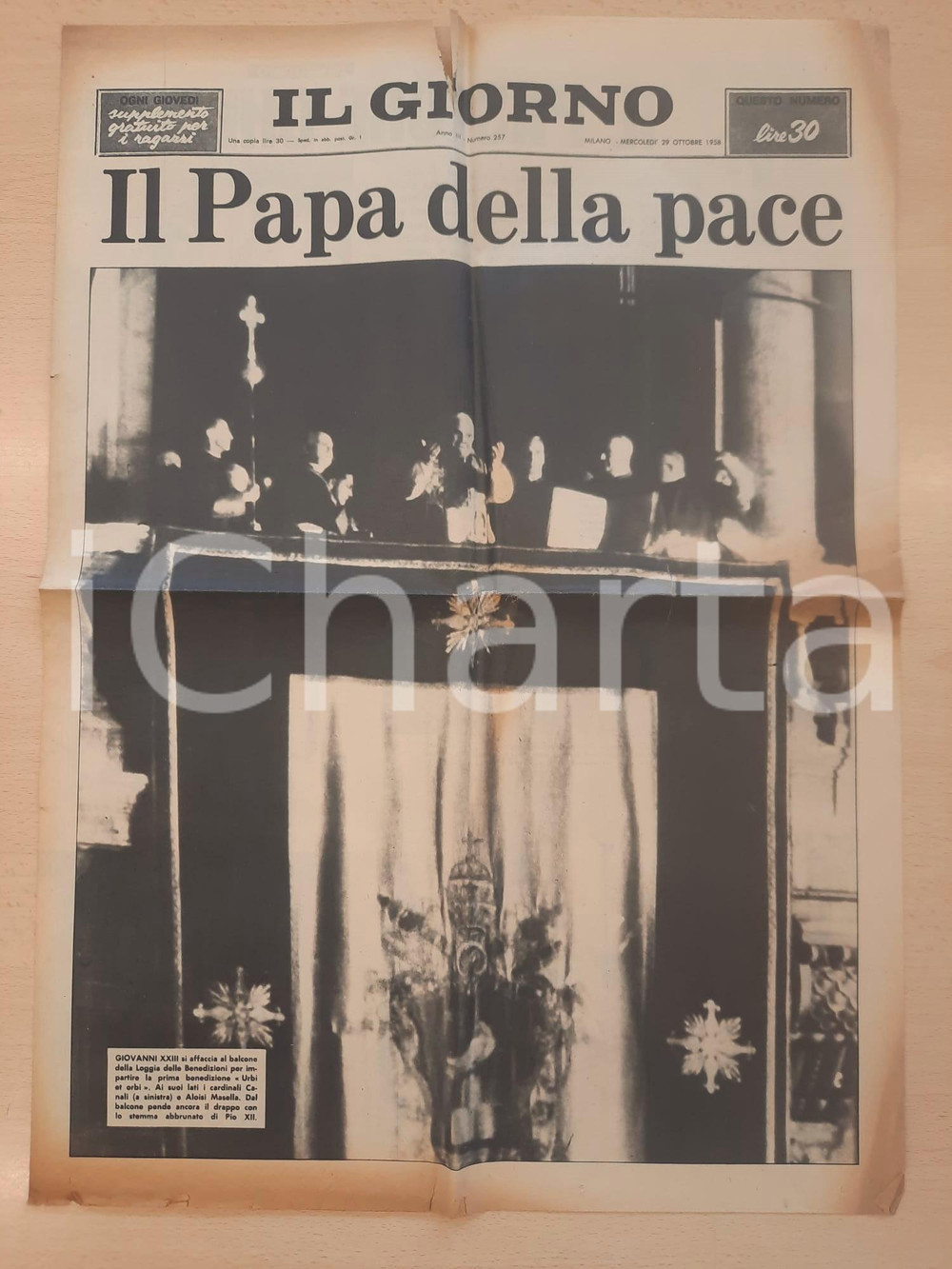 Giornale, rivista storica 1958 IL GIORNO Giovanni XXIII Papa della pace  Prima benedizione Giornale 1