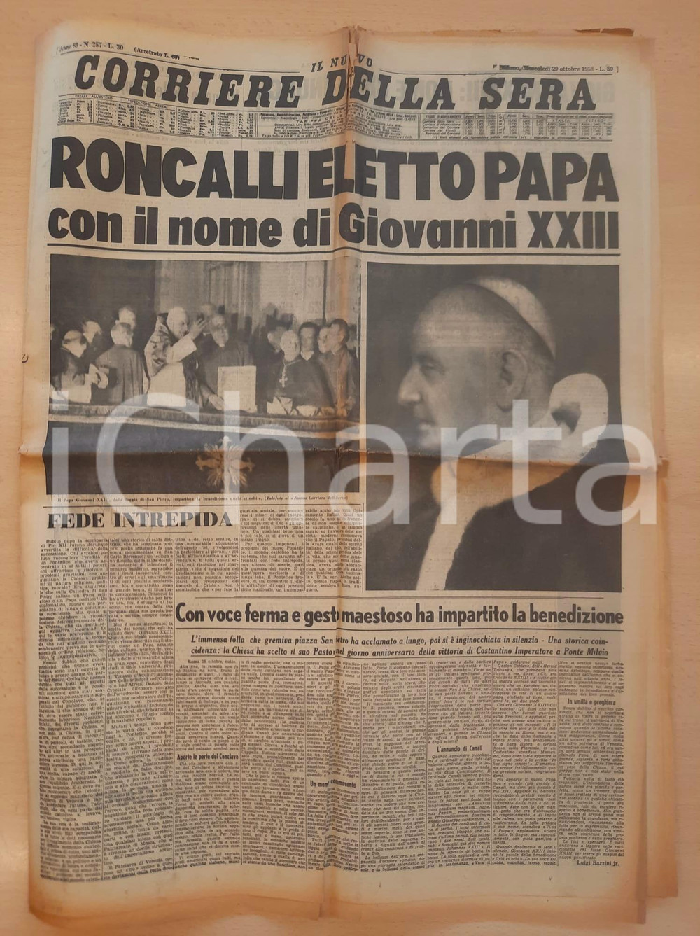 Giornale, rivista storica 1958 CORRIERE DELLA SERA Roncalli eletto Papa con il nome di Giovanni XXIII 1