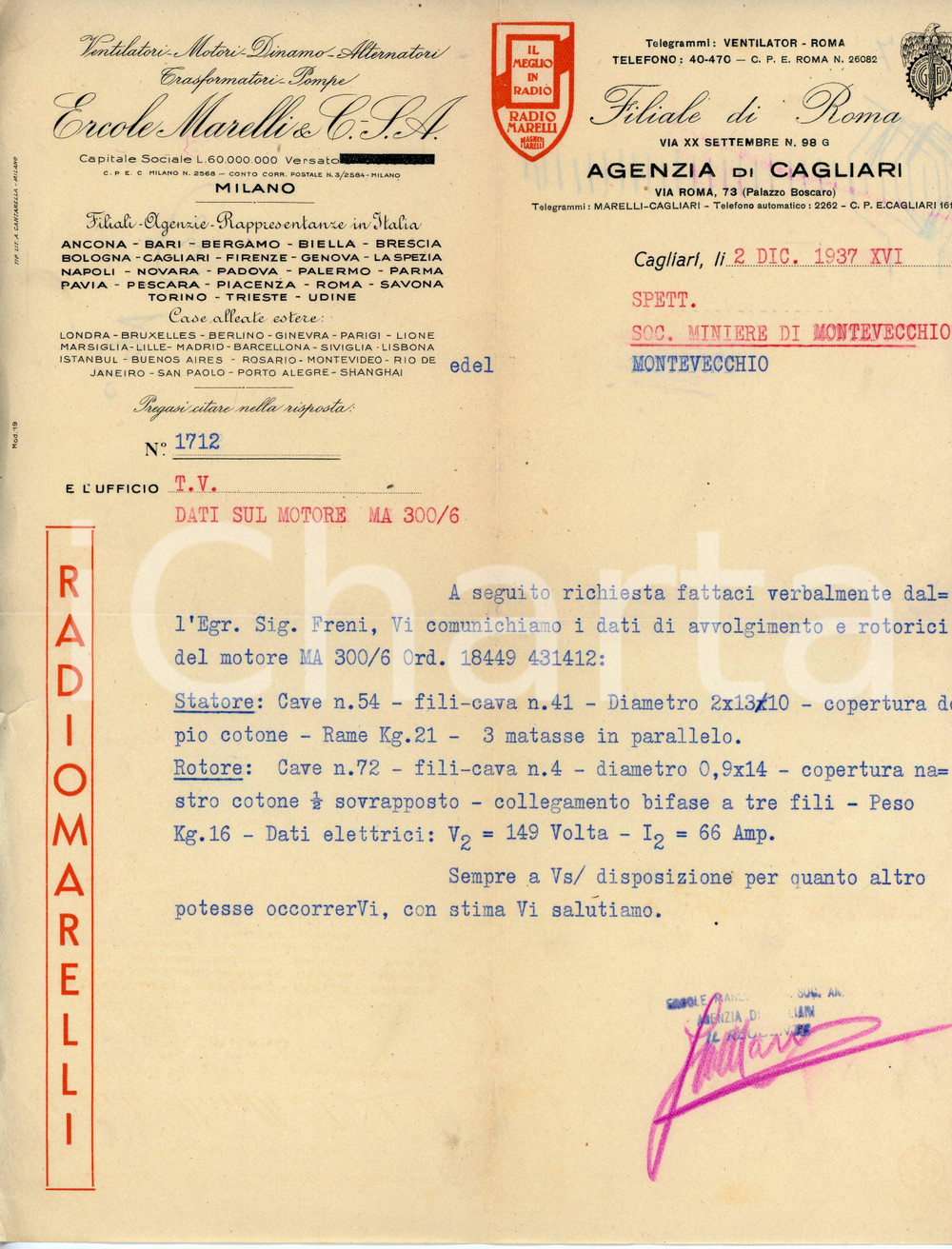 Documento originale, autentico 1937 CAGLIARI Ercole MARELLI Lettera a Miniere di MONTEVECCHIO per dati motore 1