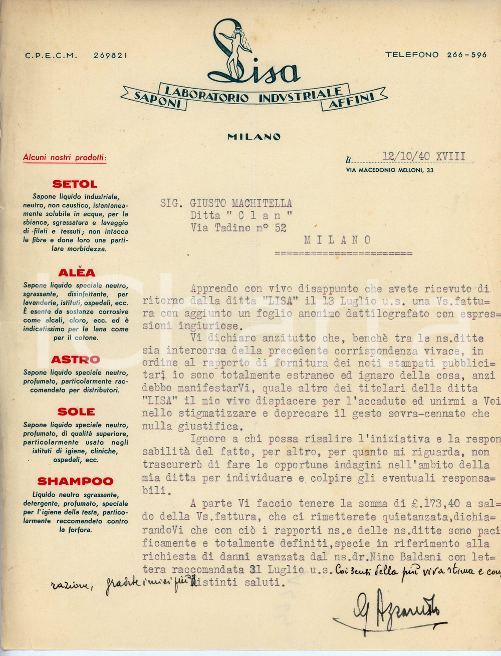 Documento originale, autentico 1940 MILANO Saponi LISA Lettera commerciale a Giusto MACHITELLA Ditta Clan 1