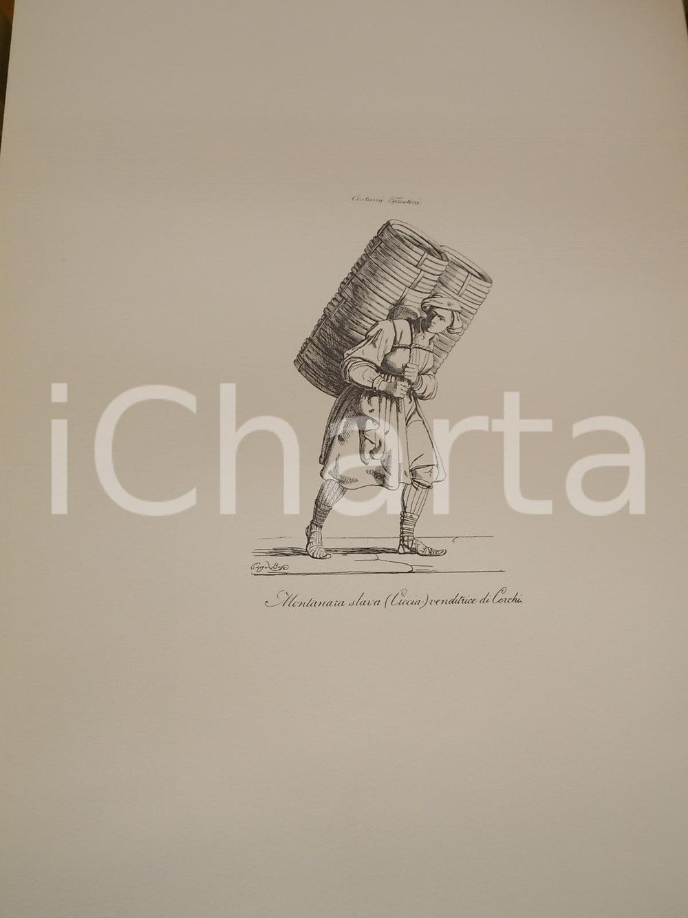 Stampa, bozzetto originale 1950 Eugenio BOSA COSTUMI TRIESTINI Montanara slava venditrice di cerchi Stampa 1