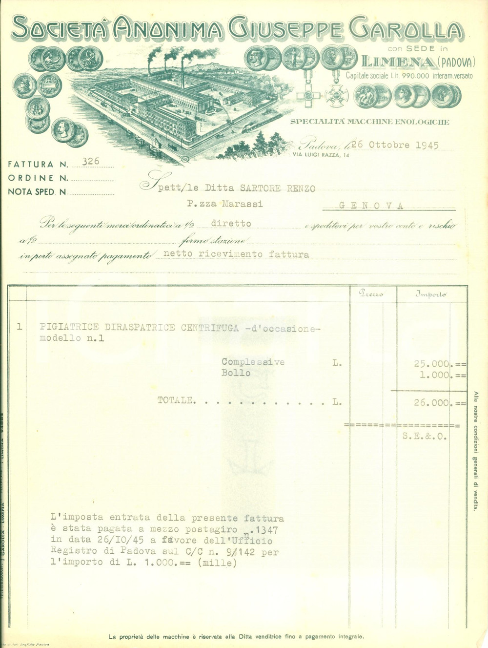Documento originale, autentico 1945 LIMENA Società Giuseppe GAROLLA Macchine enologiche Fattura 2 1