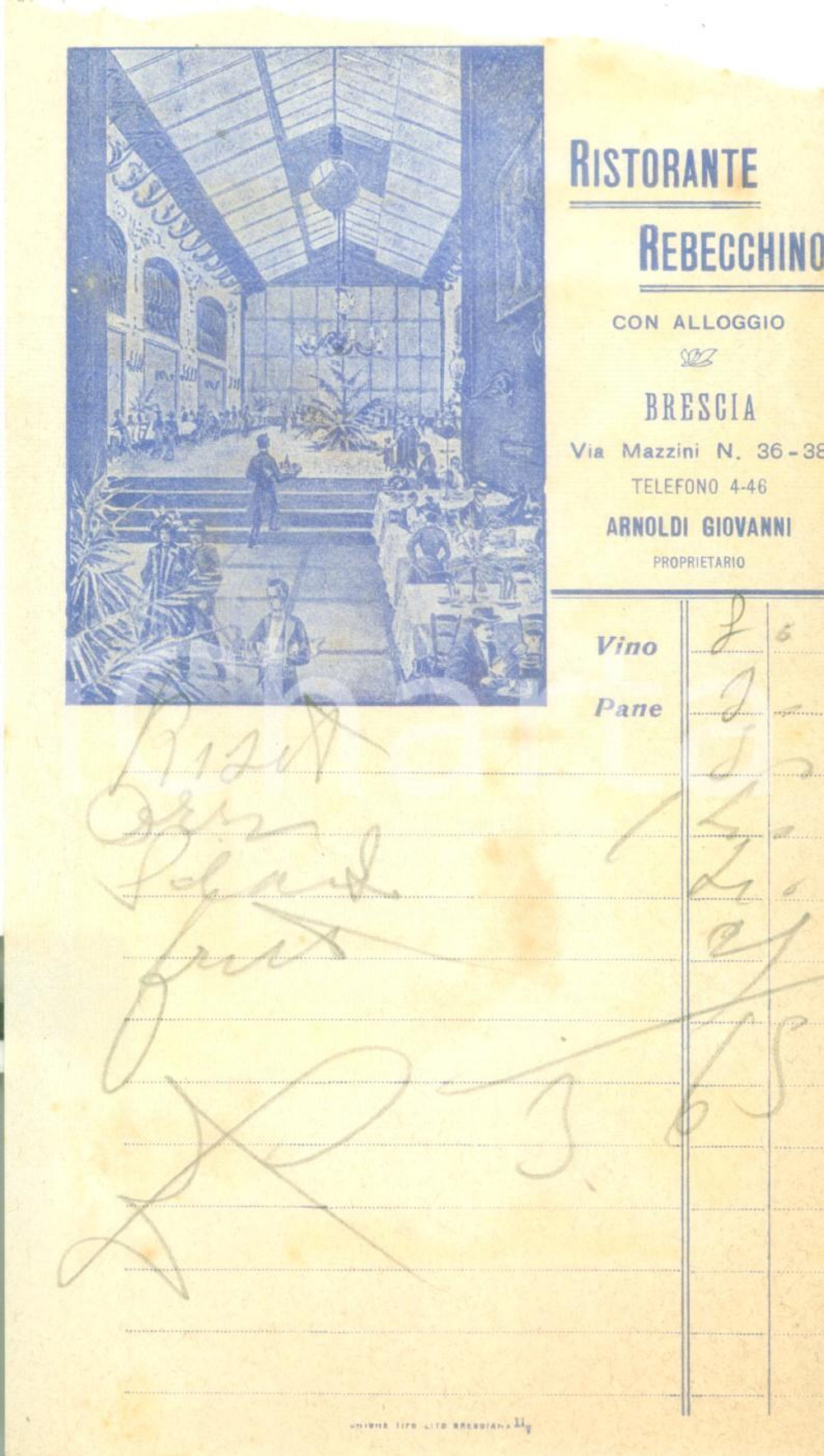 Materiale pubblicitario d’epoca 1930 ca BRESCIA Ristorante REBECCHINO con alloggio Ricevuta DANNEGGIATA 1