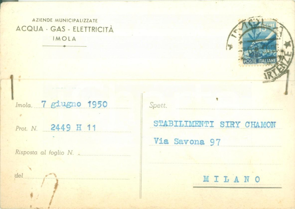 Cartolina originale da collezione 1950 IMOLA BO Aziende Municipalizzate Acqua Gas Elettricità Cartolina 3 1