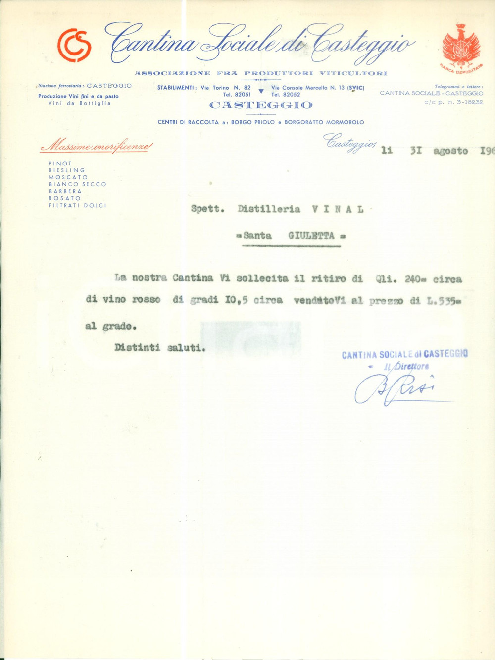 Documento originale, autentico 1963 CASTEGGIO PV Cantina Sociale sollecita ritiro di vino rosso Lettera 1