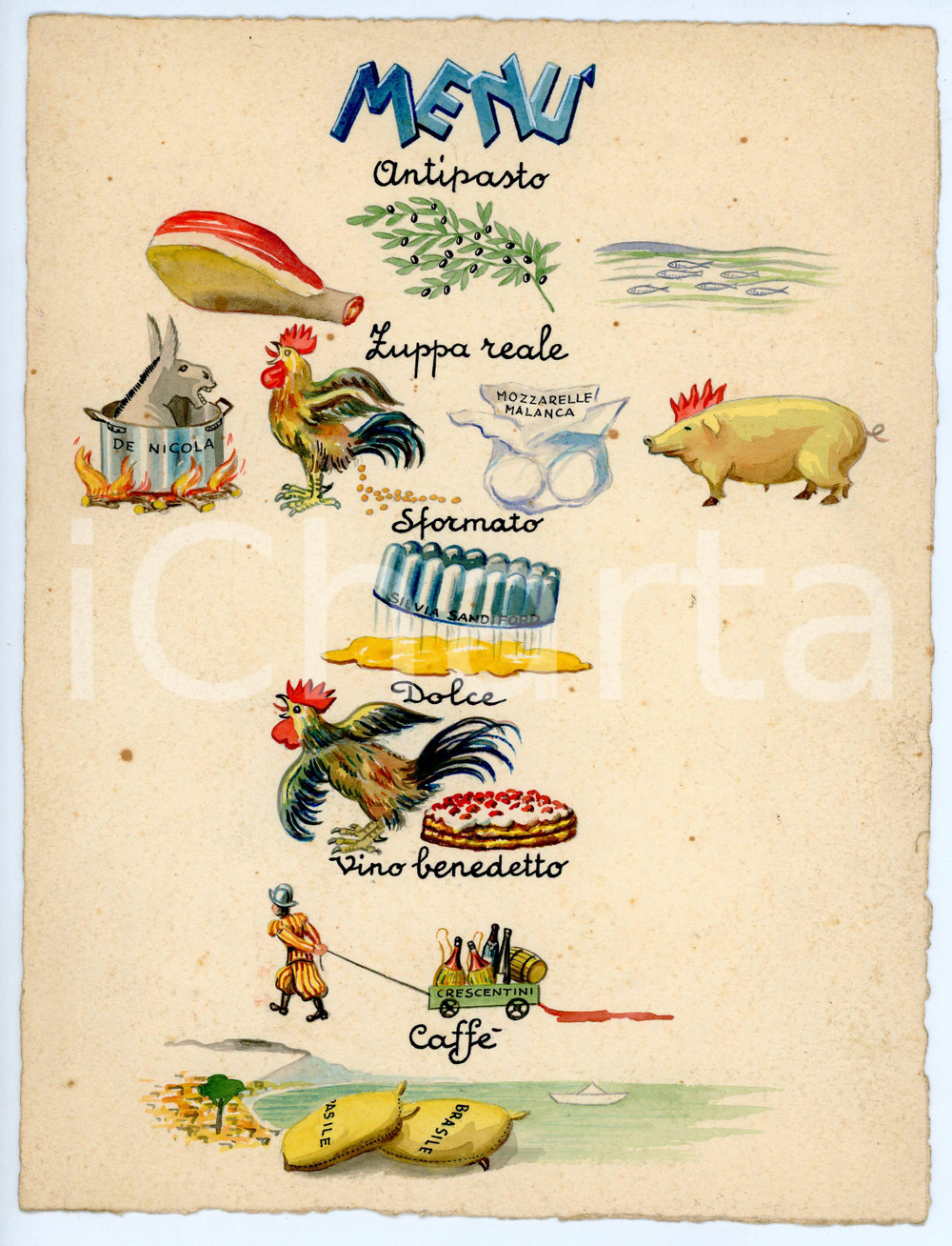 Oggetto da collezione cartaceo 1950 ca ITALIA Menù di un ristorante DISEGNATO A MANO Mozzarelle Malanca 1