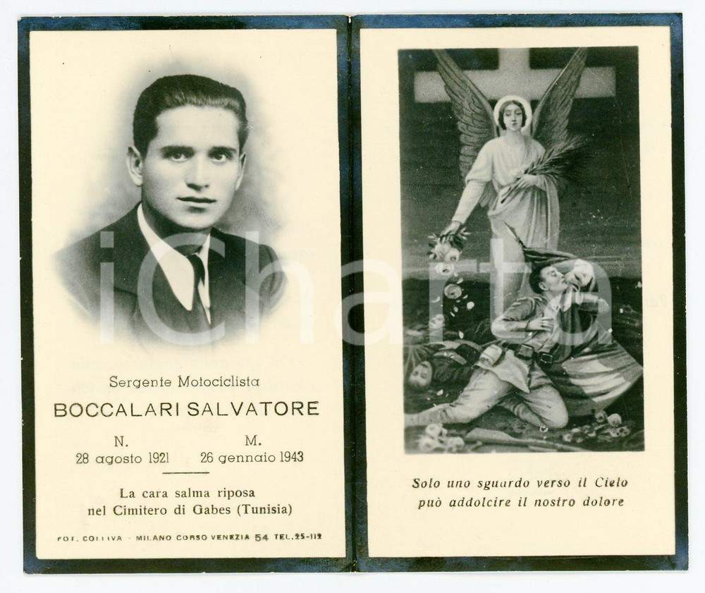 Oggetto da collezione cartaceo 1943 MILANO In memoria di Salvatore BACCALARI Sergente motociclista  Santino 1