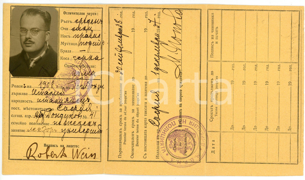 Oggetto da collezione cartaceo 1937 BULGARIA Carta di identità di Robert WEISS  7x12 cm 1