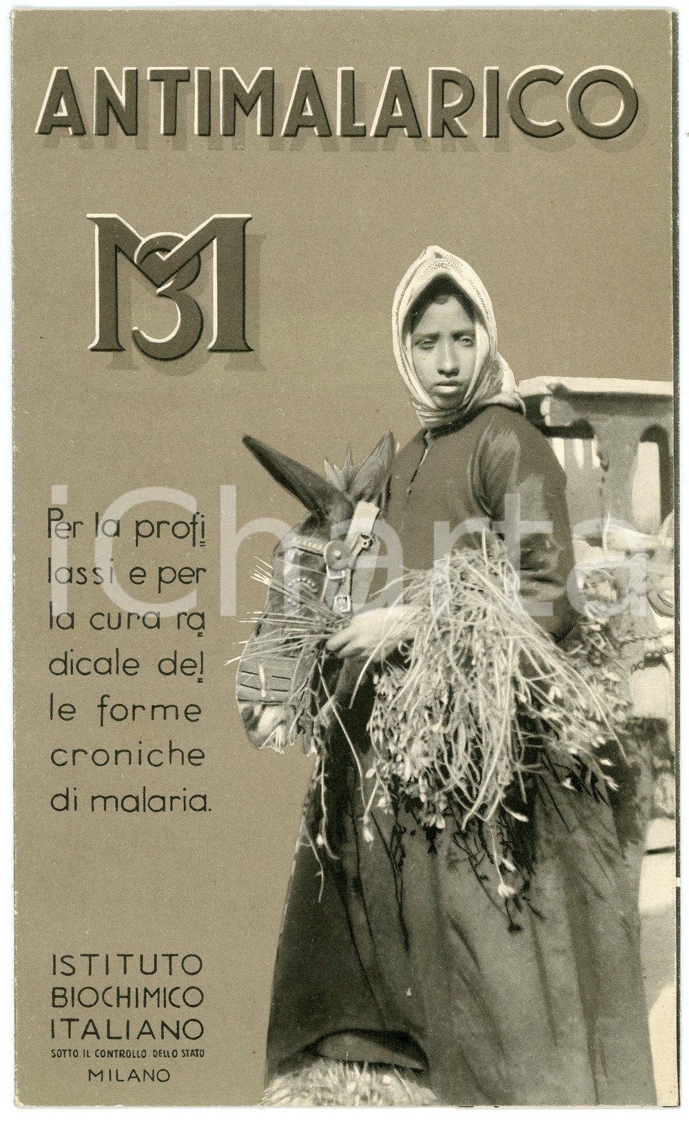 Materiale pubblicitario d’epoca 1938 MILANO Ist. Biochimico Italiano M3 ANTIMALARICO Pieghevole pubblicitario 1