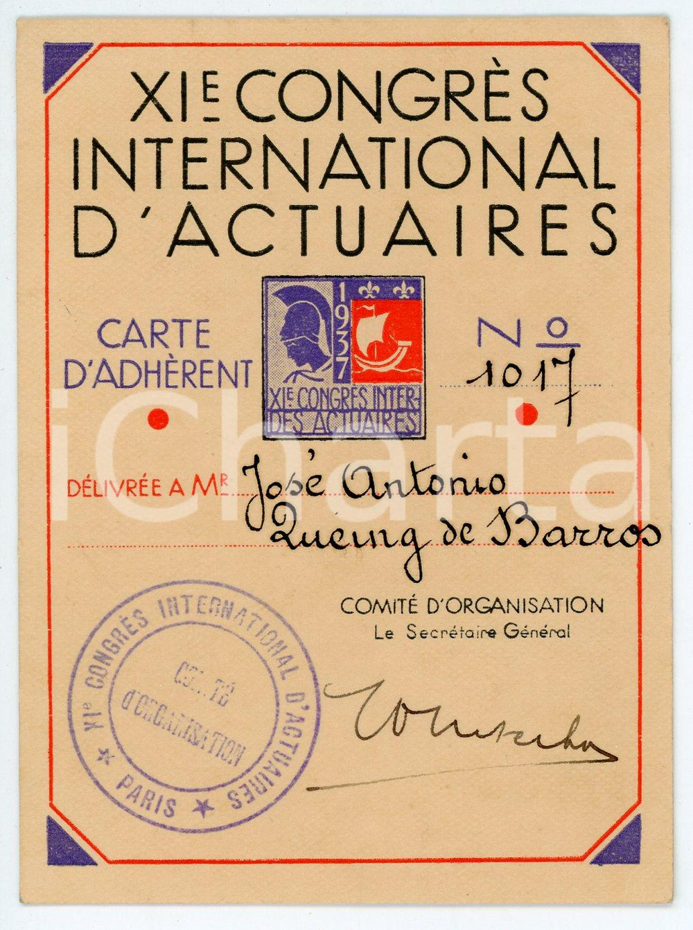 Oggetto da collezione cartaceo 1937 PARIS XI Congrès d Actuaires  Carte de José Antonio QUEING DE BARROS 1