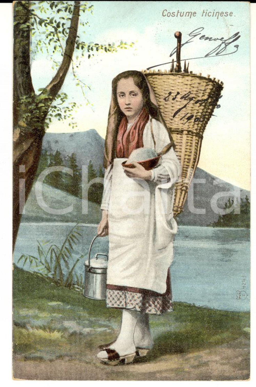 Cartolina originale da collezione 1906 COSTUME TICINESE Contadina con gerla in spalle Cartolina FP VG 1
