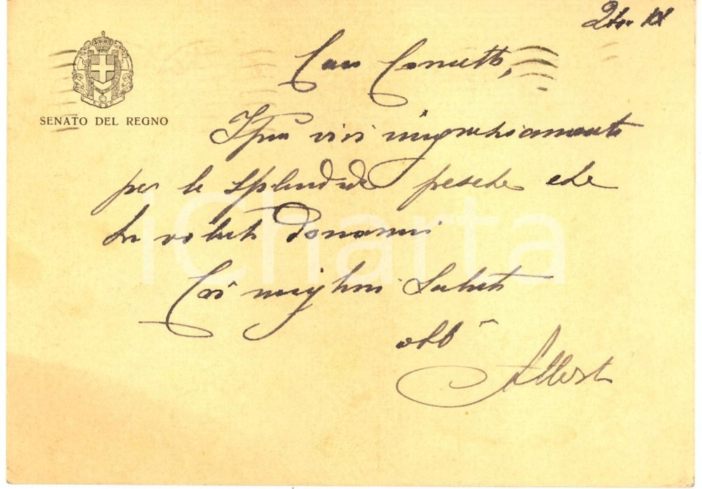 Autografo originale 1940 ROMA Sen. Adriano ALBERTI ringrazia per un omaggio di pesche Autografo 1