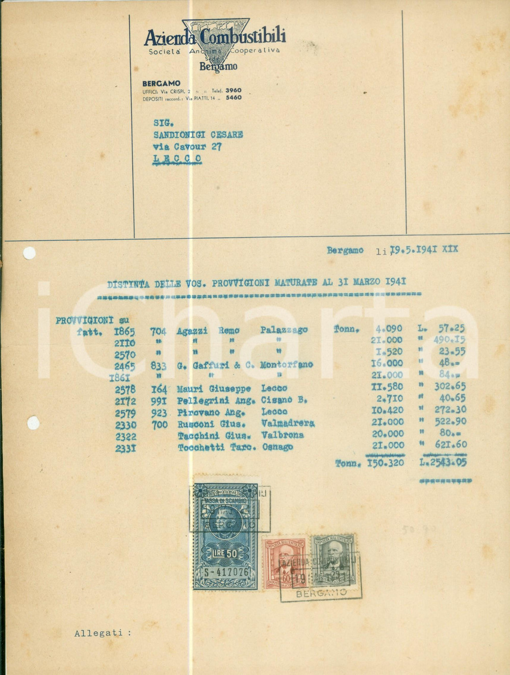 Documento originale, autentico 1941 BERGAMO Azienda Combustibili Società Anon. Cooperativa Lettera commerciale 1
