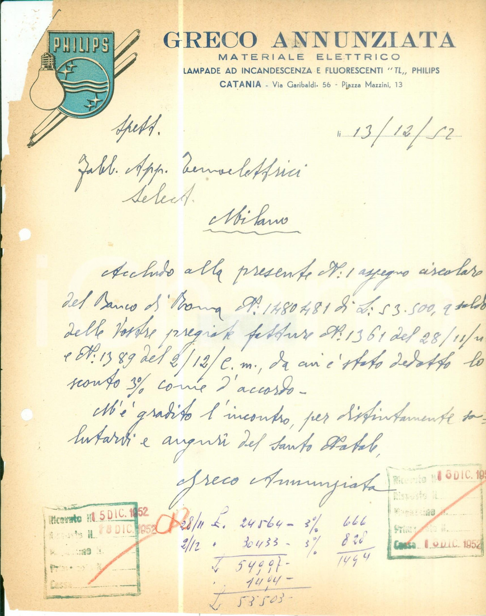 Documento originale, autentico 1952 CATANIA Materiale elettrico Annunziata GRECO Lampade PHILIPS Fattura 1