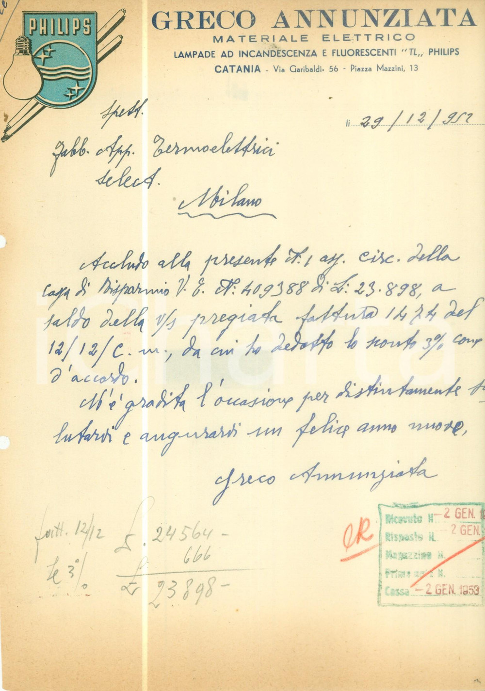 Documento originale, autentico 1952 CATANIA Materiale elettrico Annunziata GRECO Lampade PHILIPS Fattura 1
