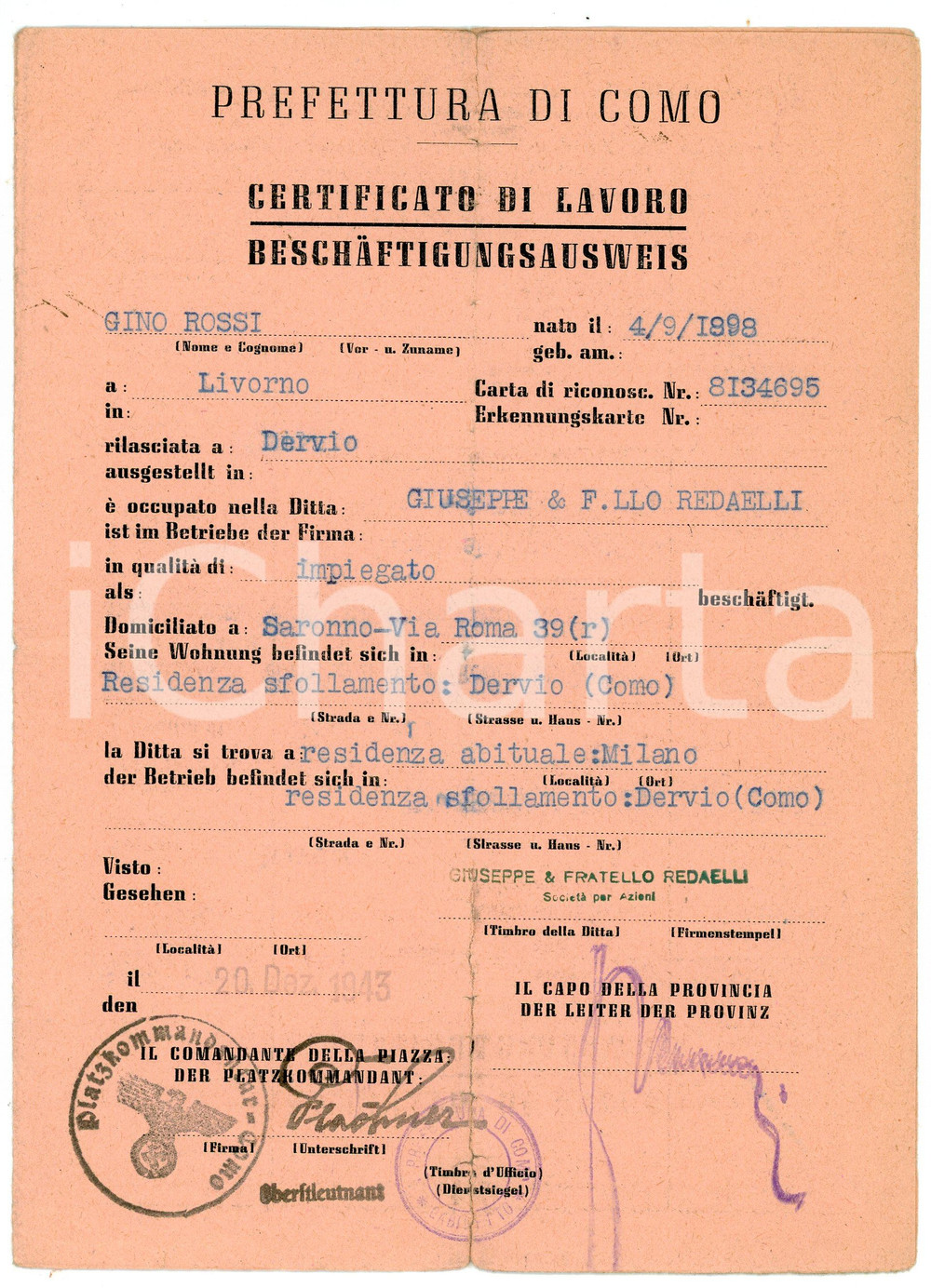 Oggetto da collezione cartaceo 1943 RSI - COMO Beschaftigungsausweis - Certificato di lavoro di Gino ROSSI 1