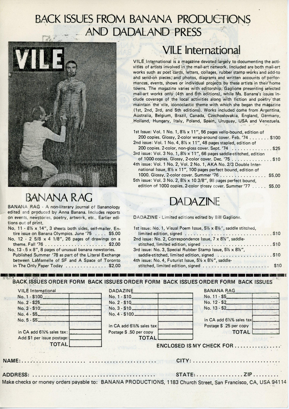 Documento originale, autentico 1978 FEMAIL ART / VILE No. 6 Anna BANANA Bill GAGLIONE Volantino pubblicitario 2