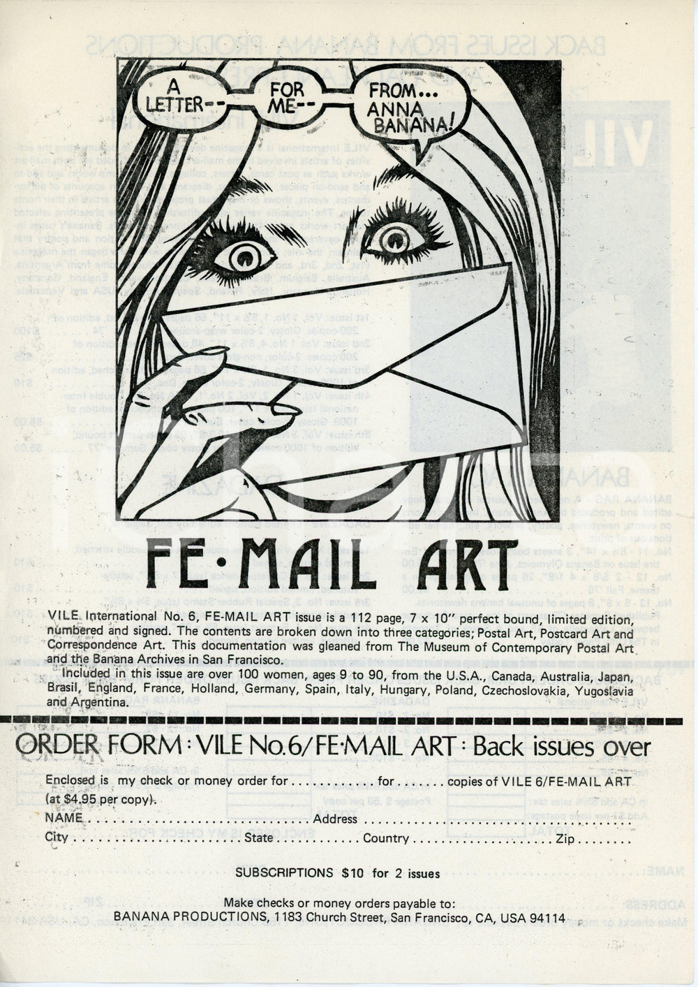 Documento originale, autentico 1978 FEMAIL ART / VILE No. 6 Anna BANANA Bill GAGLIONE Volantino pubblicitario 1