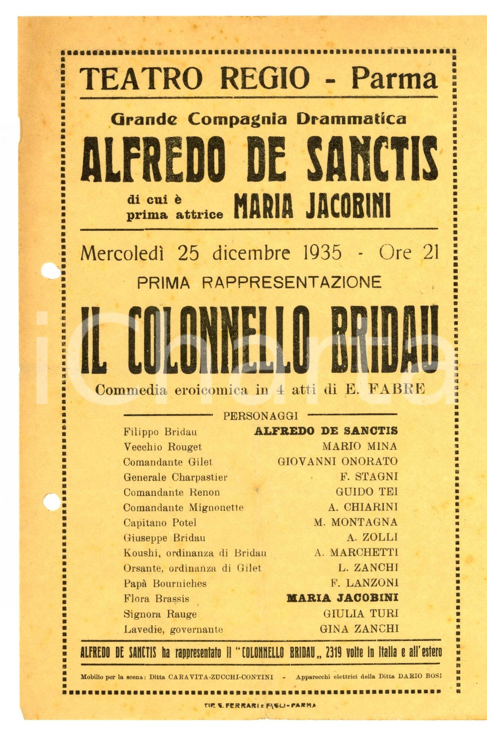 Materiale pubblicitario d’epoca 1935 TEATRO REGIO PARMA Compagnia DE SANCTIS Il colonnello BRIDAU Volantino 1