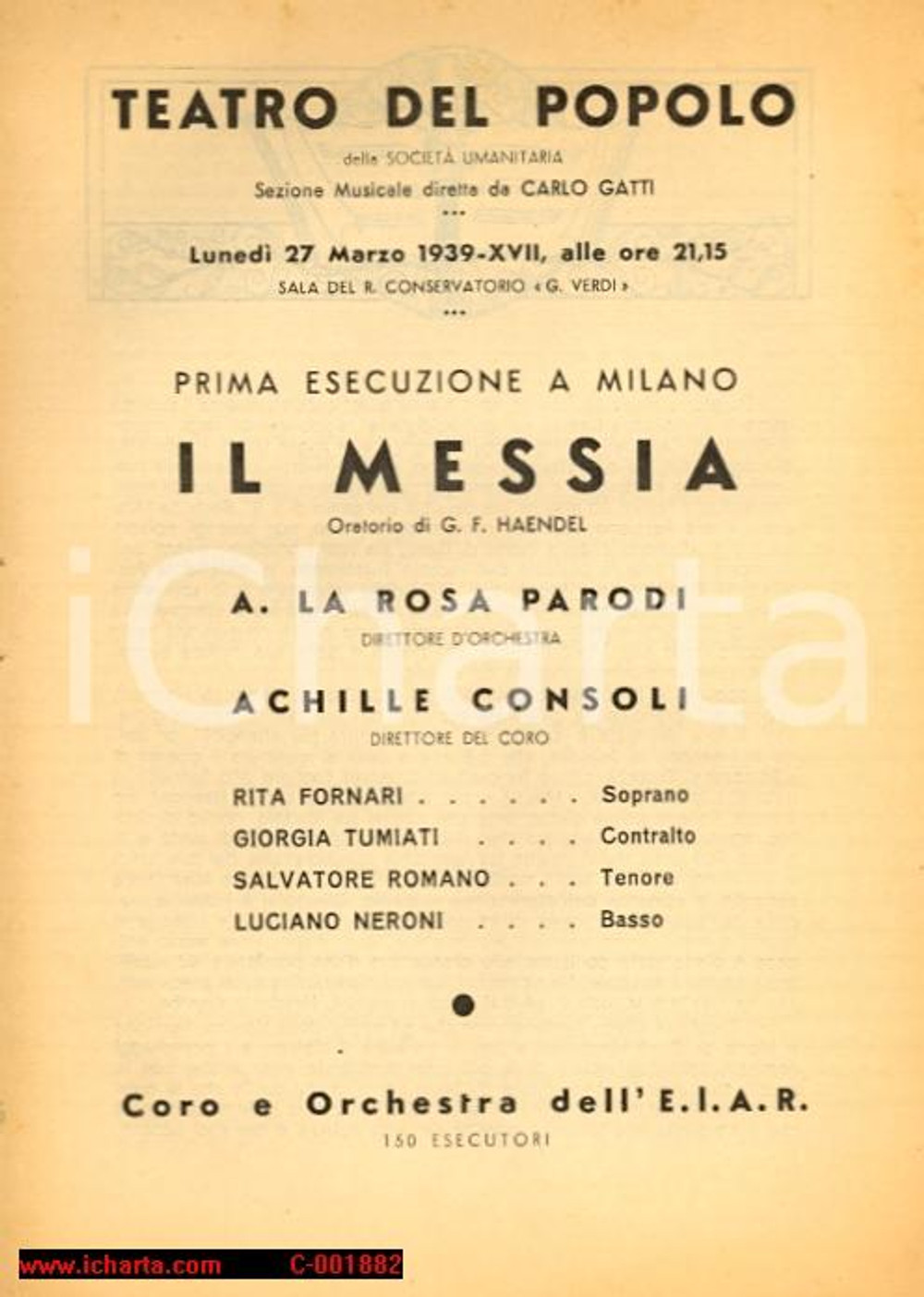 Materiale pubblicitario d’epoca 1939 MILANO TEATRO DEL POPOLO Prima esecuzione del Messia *A. LA ROSA PARODI 1