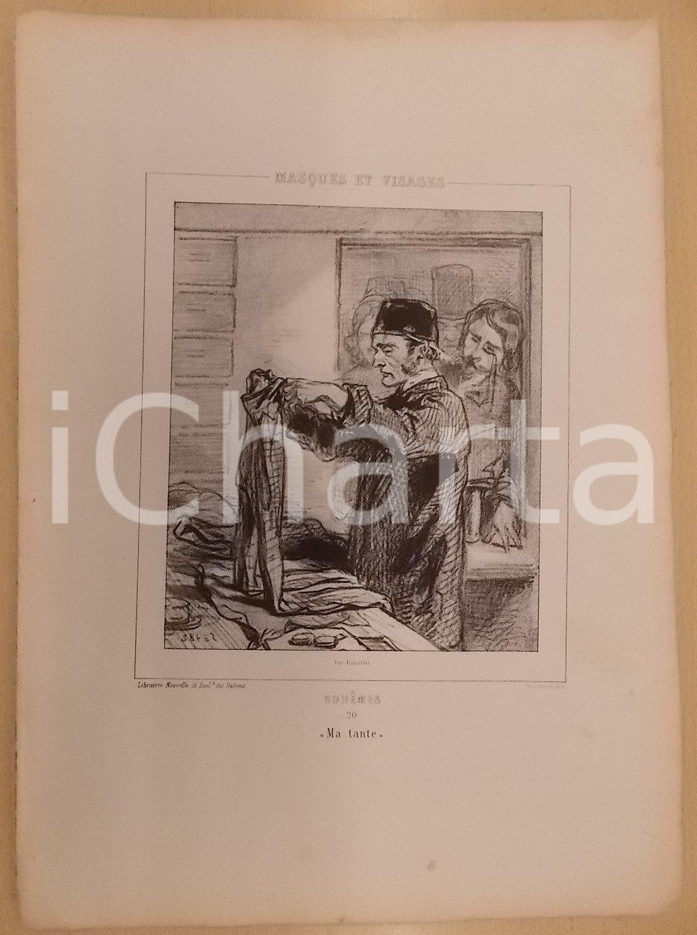 Stampa, bozzetto originale 1853 Paul GAVARNI Masques et visages  Bohèmes Tav. 20 Ma tante 1