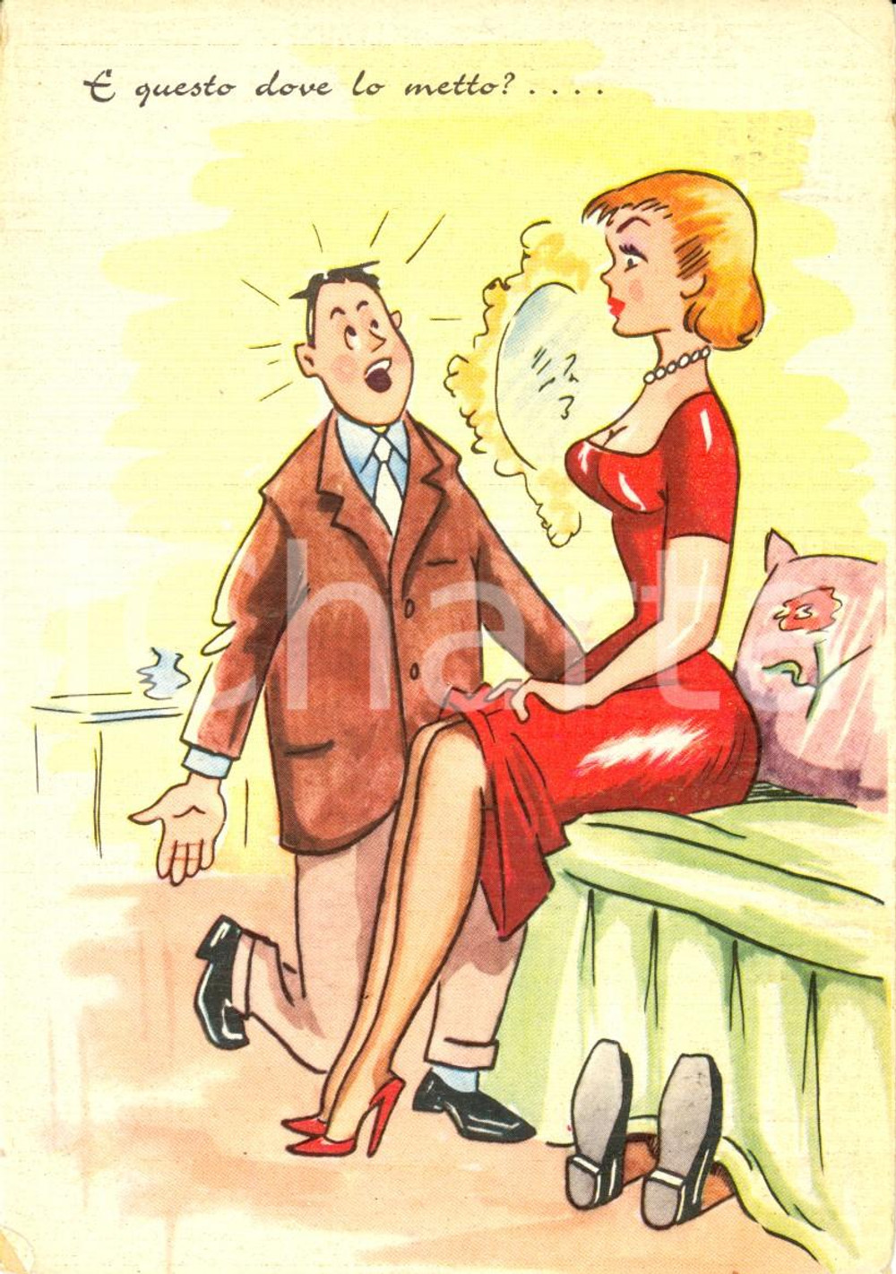 Cartolina originale da collezione 1962 SATIRA ADULTERIO E questo dove lo metto? Cartolina ILLUSTRATA FG VG 1