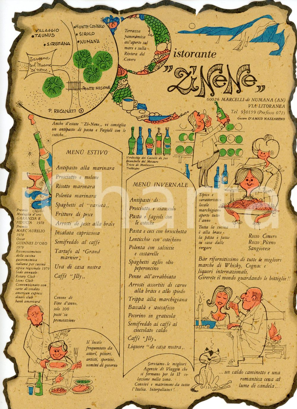 Oggetto da collezione cartaceo 1955 ca MARCELLI DI NUMANA AN Ristorente Zì Nene  Menu ILLUSTRATO 1