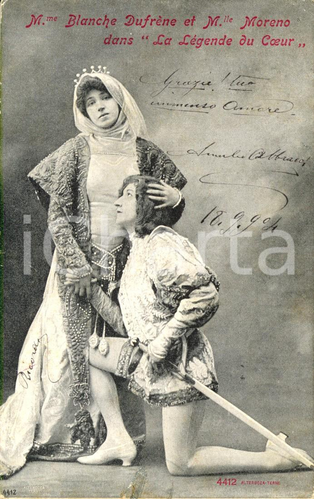 Cartolina originale da collezione 1904 THEATRE Blanche DUFRENE et M.lle  MORENO La lÃ©gende du coeur Postcard 1