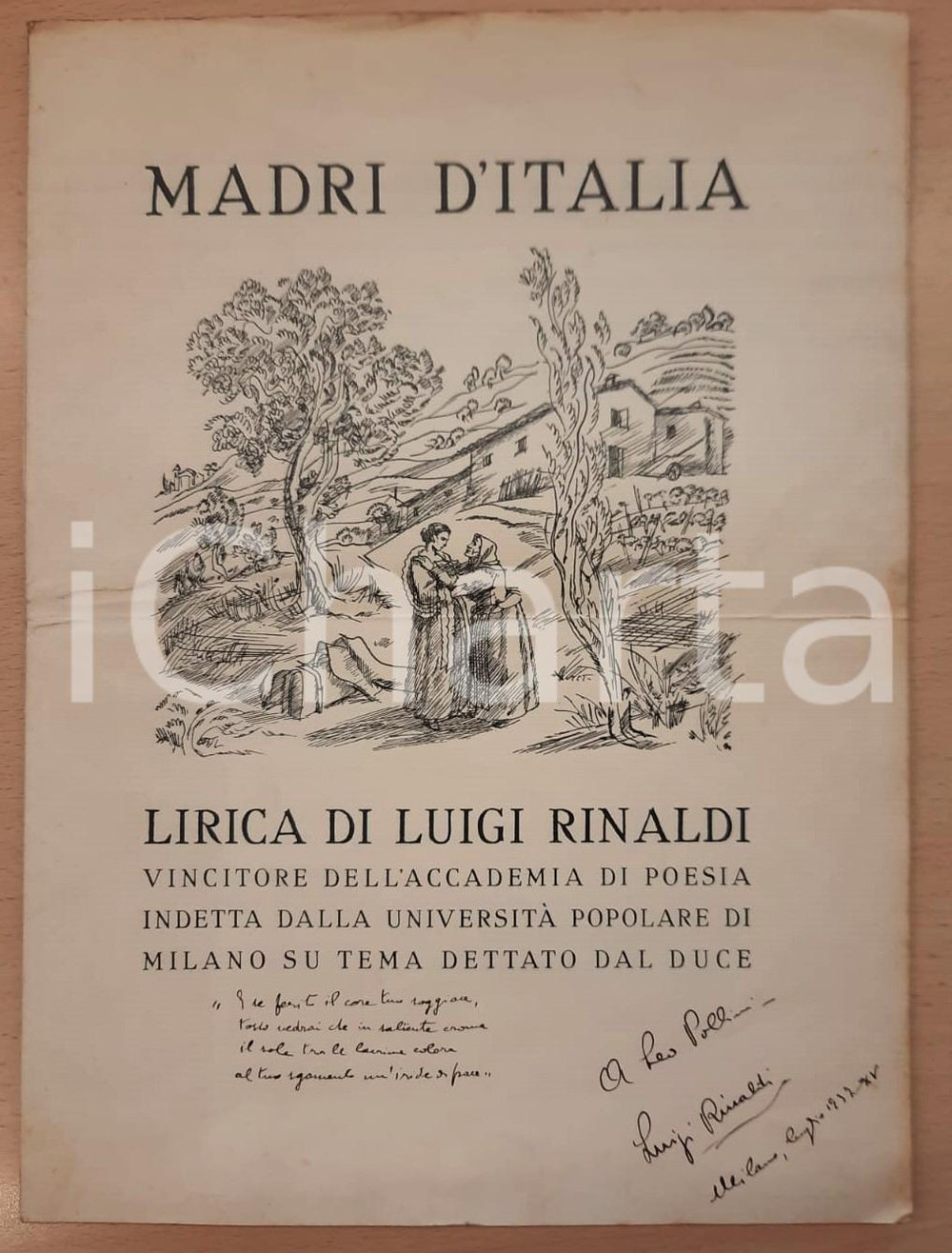 Libro, pubblicazione d'epoca 1936 MILANO Luigi RINALDI Madri d'Italia - Lirica con AUTOGRAFO 6 pp. 24x33 cm 1