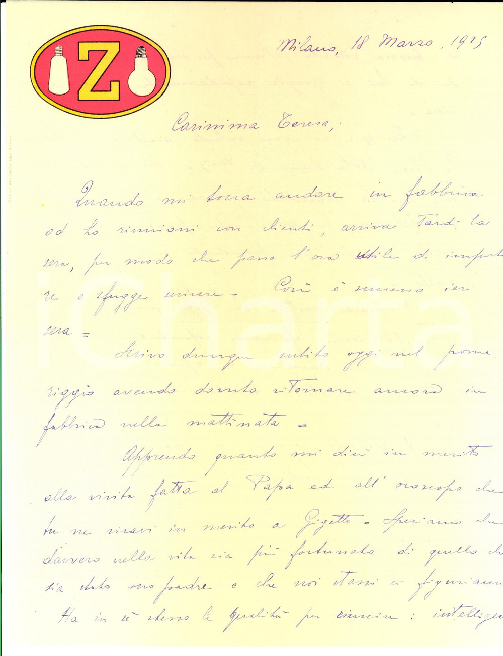 Documento originale, autentico 1925 MILANO Ing. Benedetto BONELLI spera nell'oroscopo *Lampade Elettriche Z 1