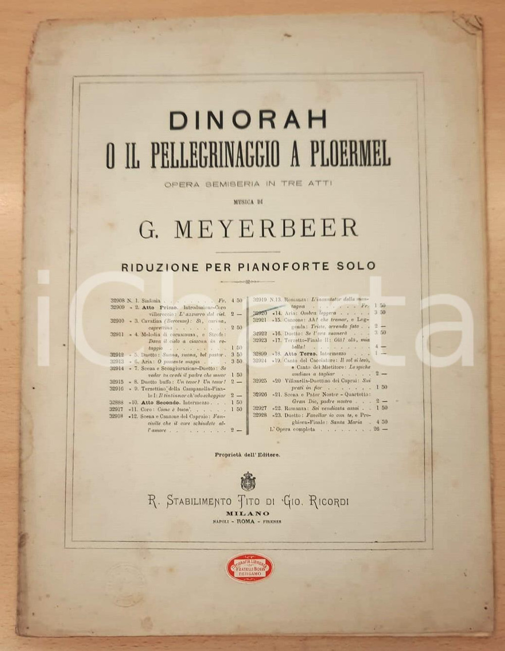 Oggetto da collezione cartaceo 1873 Giacomo MEYERBEER Dinorah Ombra leggera  Spartito pianoforte 1