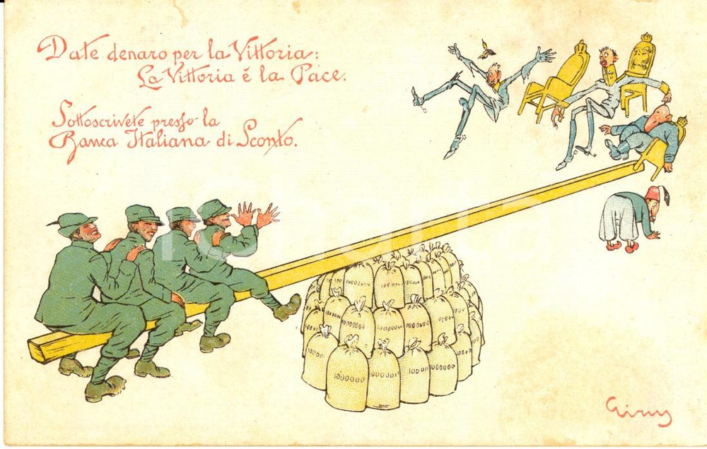 Cartolina originale da collezione 1918 ca WW1 Date denaro per la vittoria: la vittoria Ã¨ la pace *Ill. GIRUS FP 1