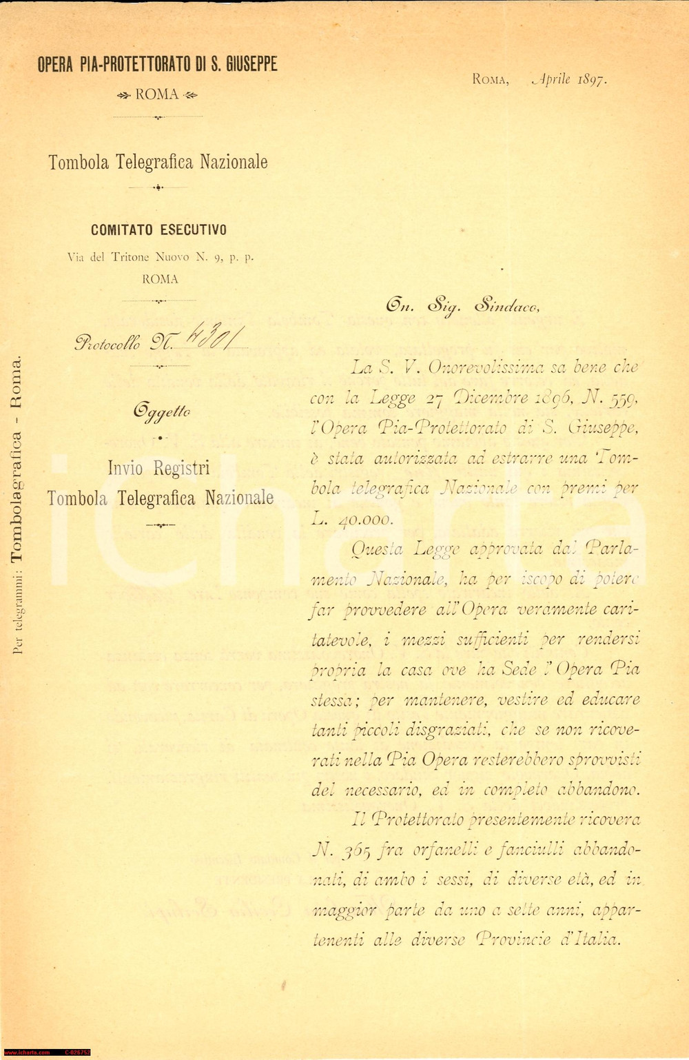 Documento originale, autentico 1897 ROMA Tombola telegrafica per piccoli disgraziati orfani Opera Pia 1