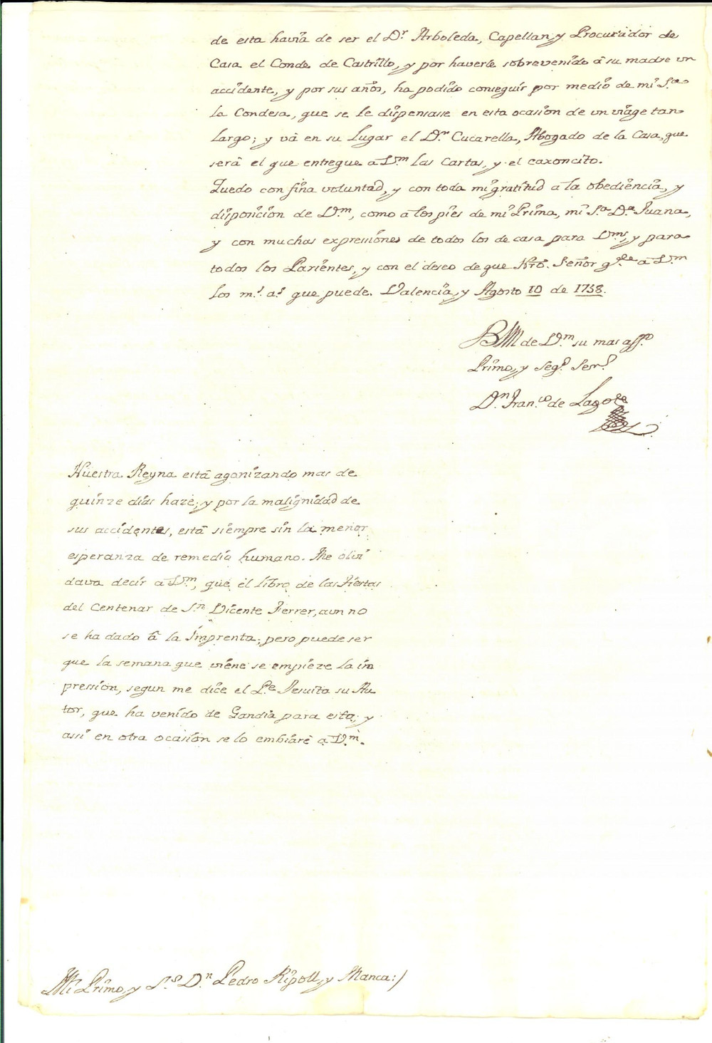 Documento originale, autentico 1758 VALENCIA Nuestra Reyna esta agonizando de quinze dias Manoscritto 1
