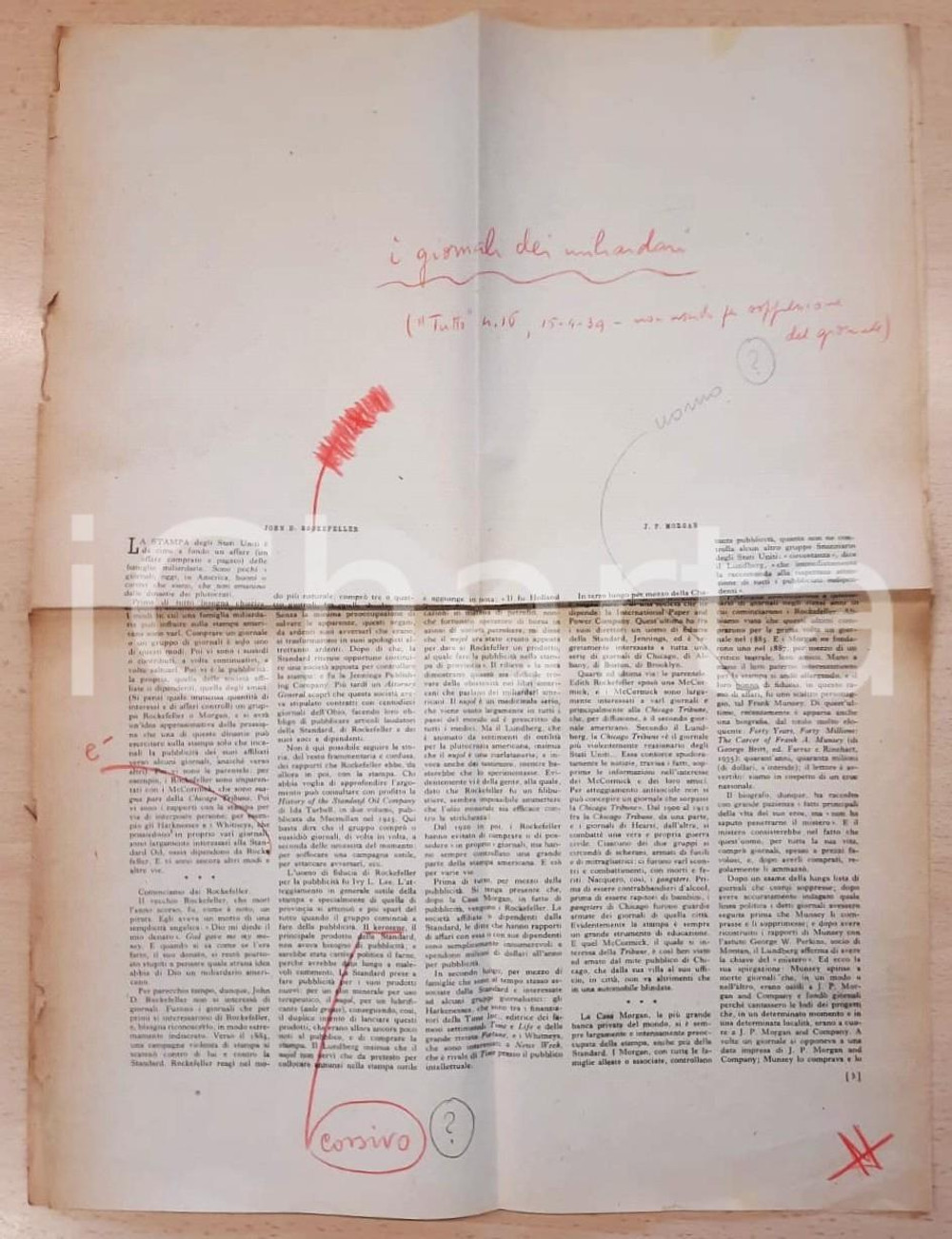 Giornale, rivista storica 1939 TUTTO Articolo I giornali dei miliardari - Bozza numero soppresso *RARO 1