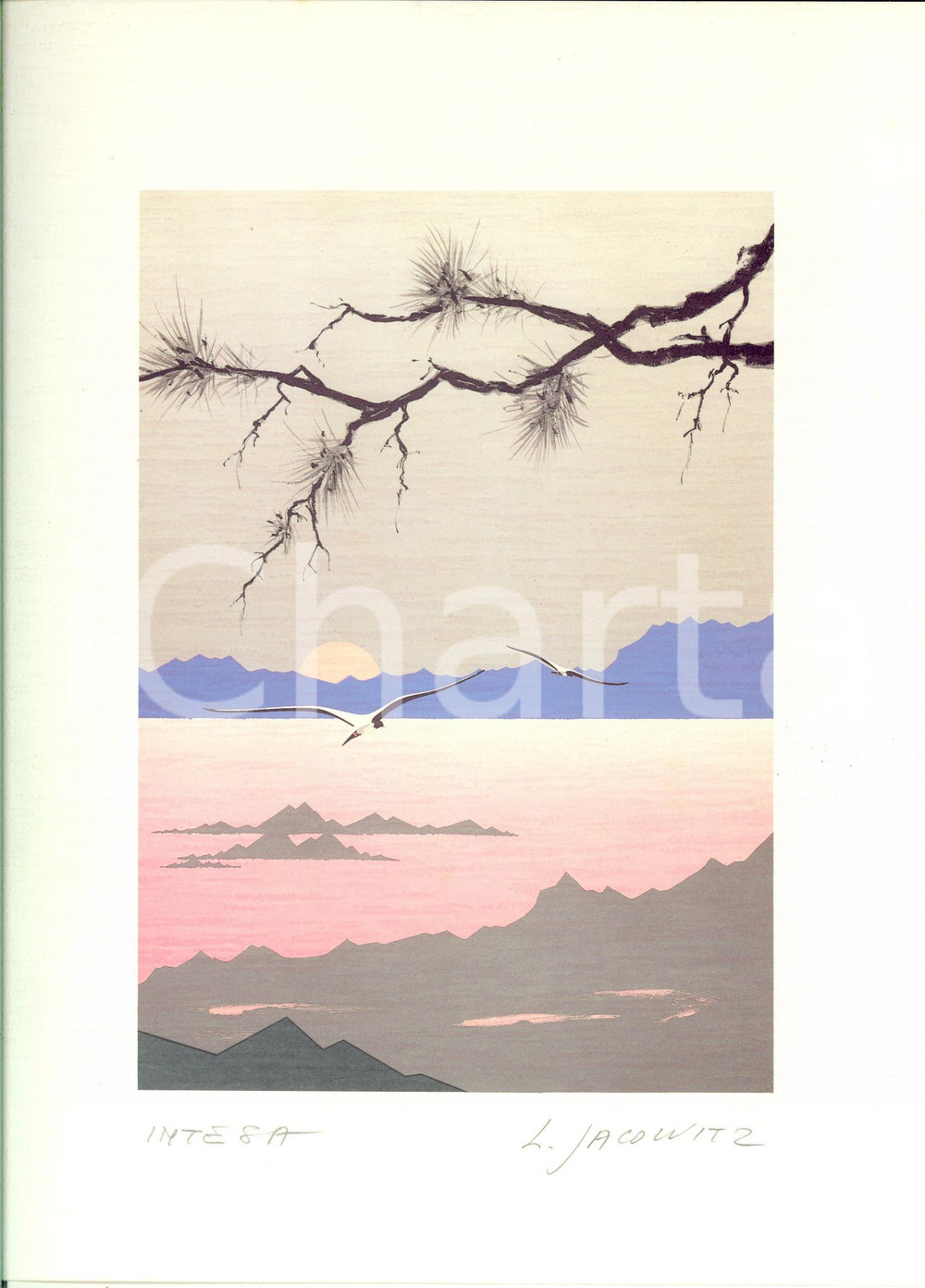 Opera d’arte autentica 1970 ca ARTE L. JACOWITZ Litografia da acquerello INTESA 24x30 cm 1