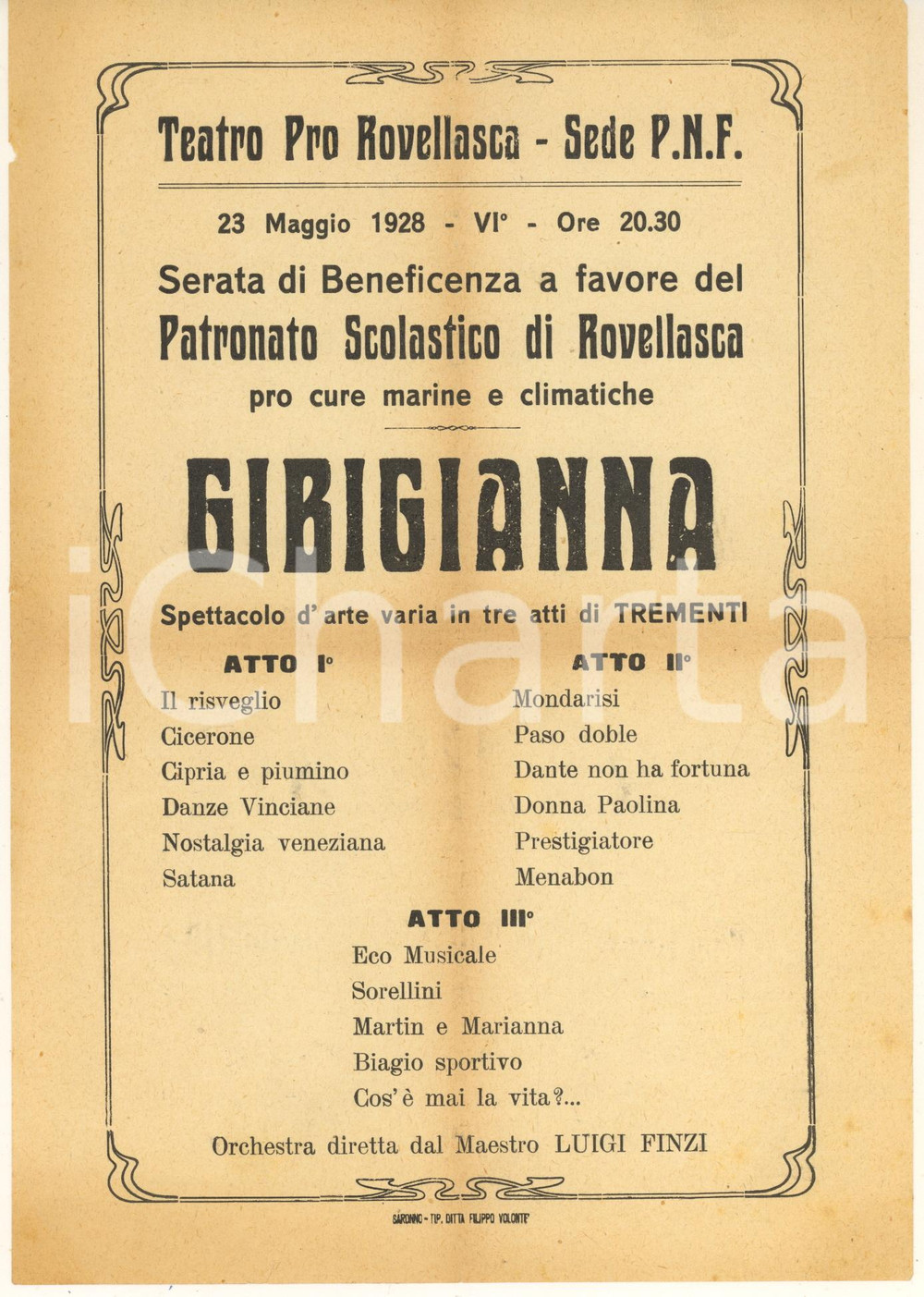 Materiale pubblicitario d’epoca 1928 Teatro Pro ROVELLASCA Gibigianna  Volantino spettacolo 1