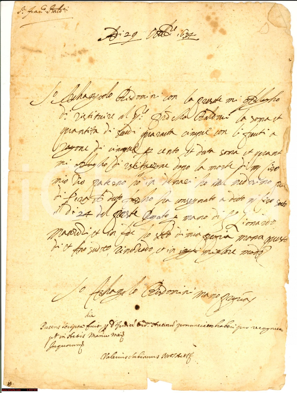 Documento originale, autentico 1634 AREZZO Arcangelo BISDOMINI Dopo la morte di zio 1