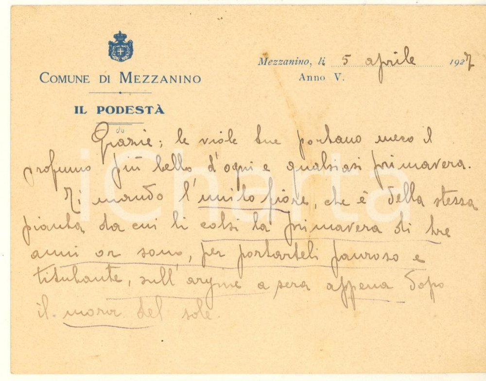 Autografo originale 1927 MEZZANINO (PV) Biglietto del podestà - Ti mando l'umile fiore *Autografo 1