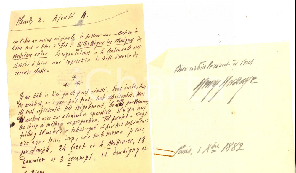 Autografo originale 1890 ca PARIS Henry HOUSSAYE sui Classiques de troisiéme ordre AUTOGRAFO 1