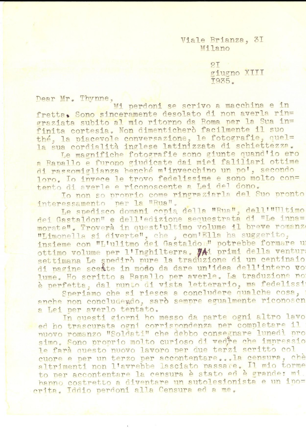 Autografo originale 1935 MILANO Gian DAULI termina Soldati e si lamenta per la censura Autografo 1