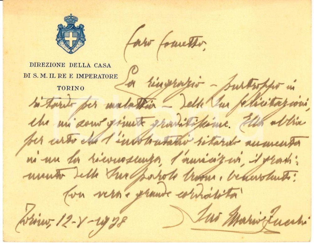 Autografo originale 1938 TORINO Ringraziamenti Mario ZUCCHI Direzione Casa di S. M. il Re AUTOGRAFO 1